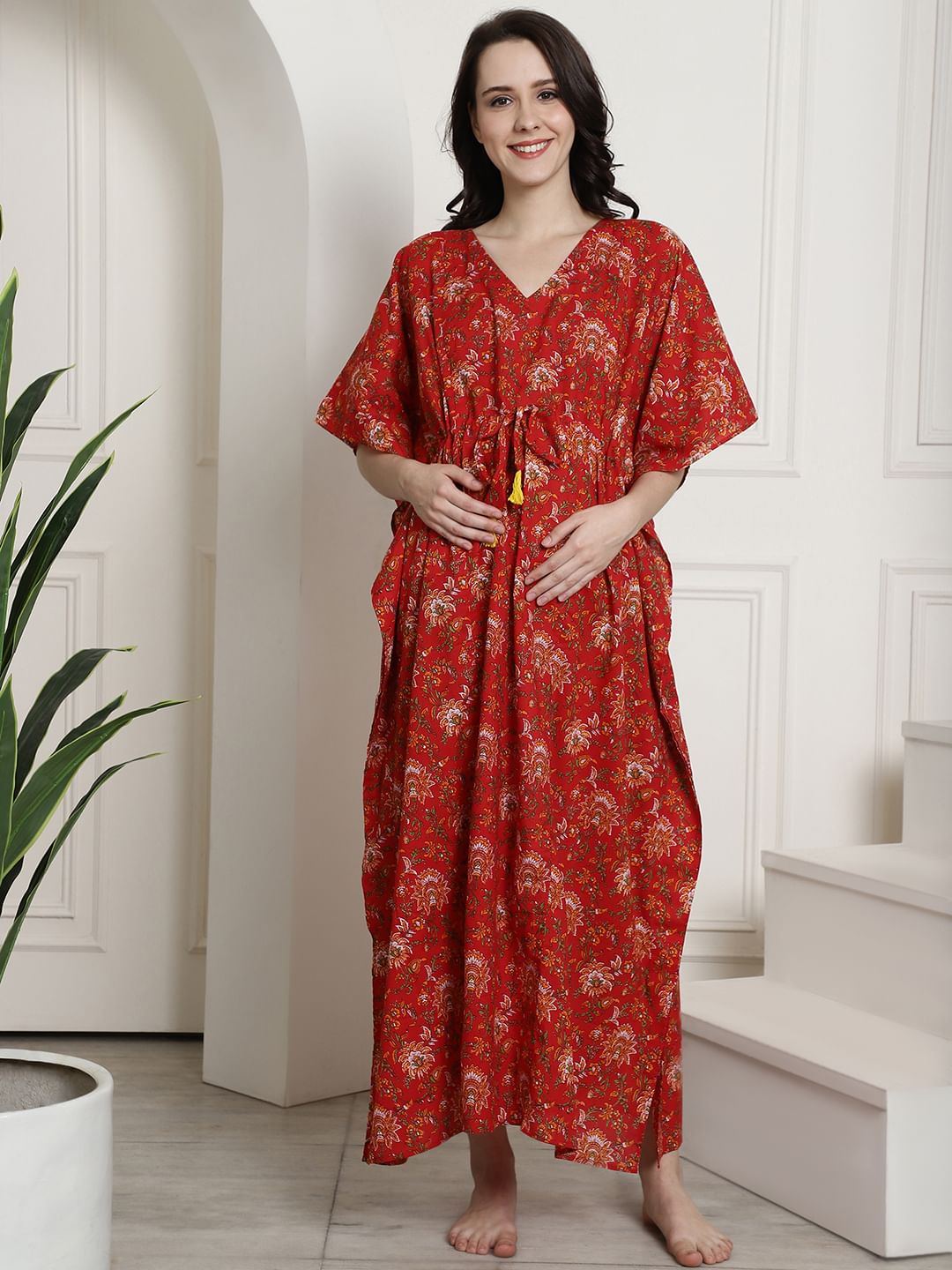 Red Floral Cotton Maternity Kaftan Nighty