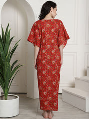 Red Floral Cotton Maternity Kaftan Nighty