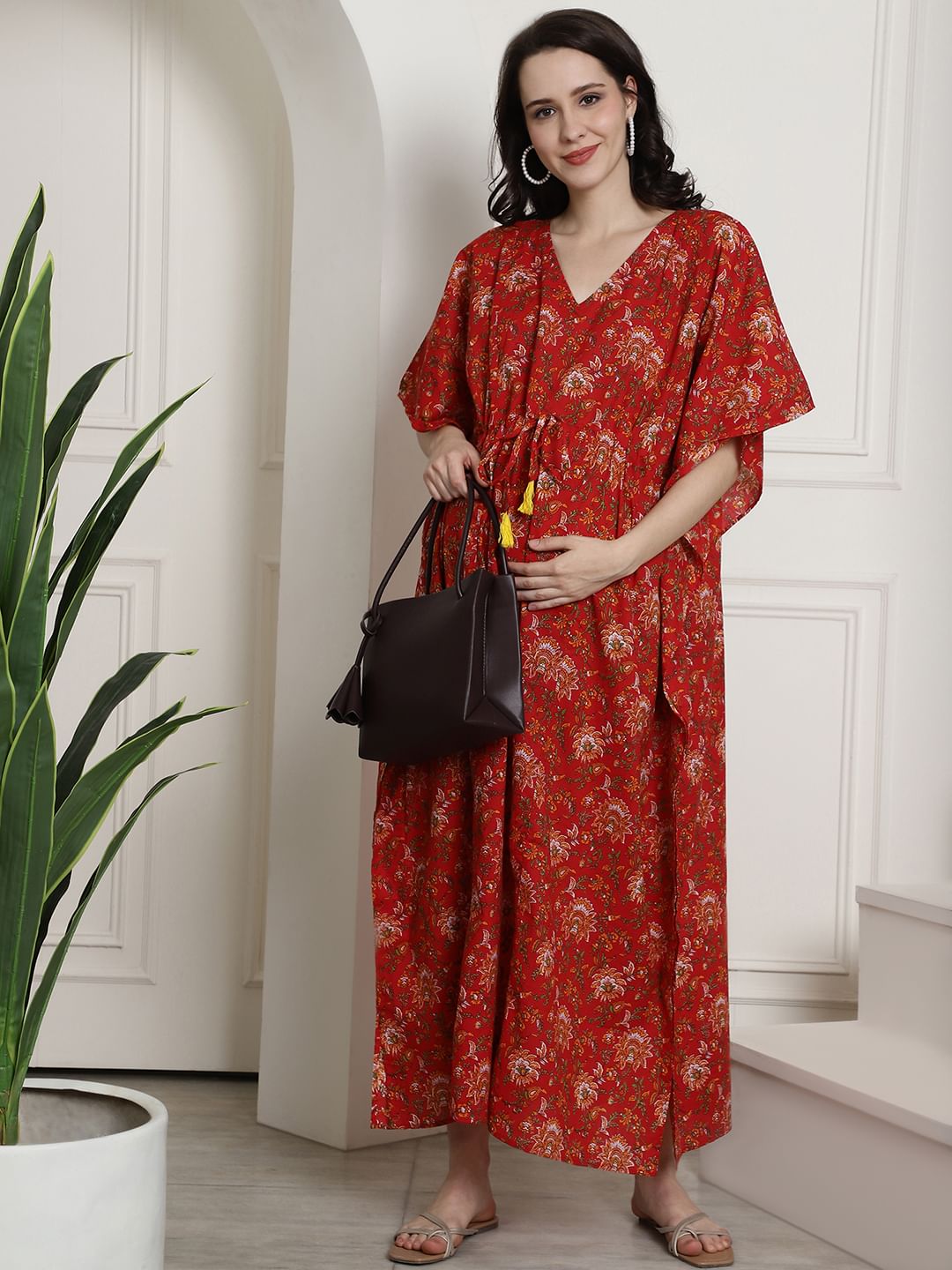 Red Floral Cotton Maternity Kaftan Nighty
