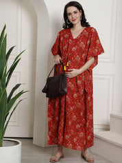 Red Floral Cotton Maternity Kaftan Nighty