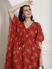 Red Floral Cotton Maternity Kaftan Nighty