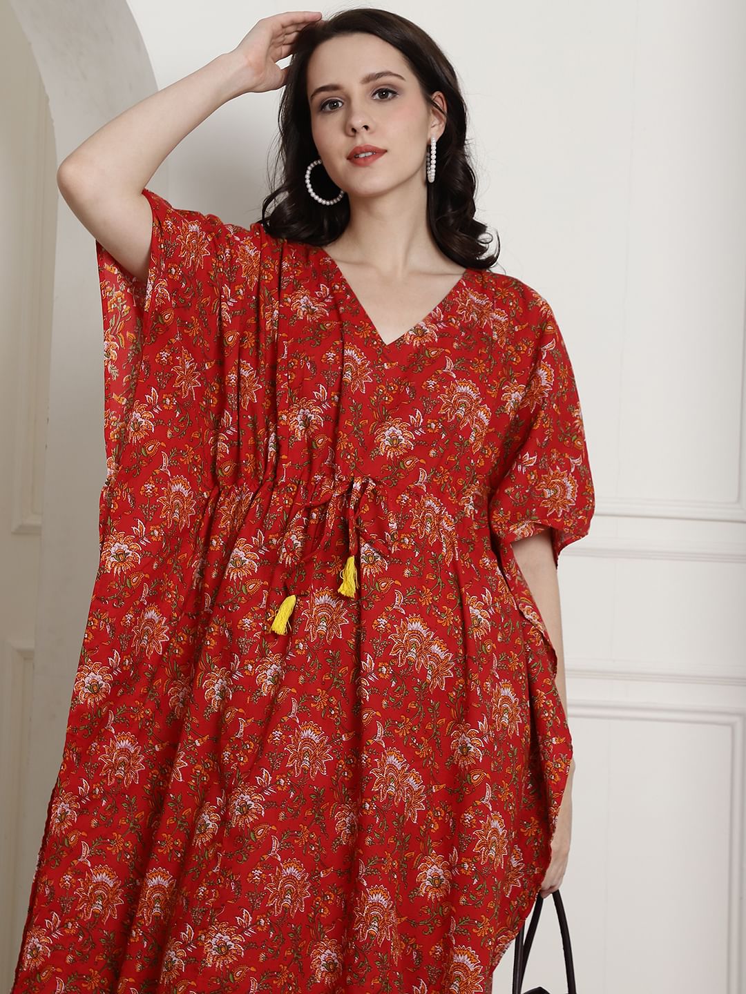 Red Floral Cotton Maternity Kaftan Nighty