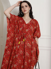 Red Floral Cotton Maternity Kaftan Nighty