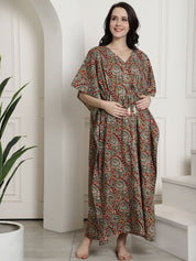 Maroon & Green Floral Cotton Maternity Kaftan Nighty