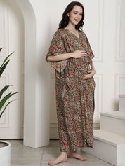 Maroon & Green Floral Cotton Maternity Kaftan Nighty