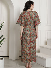 Maroon & Green Floral Cotton Maternity Kaftan Nighty