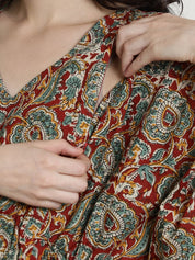 Maroon & Green Floral Cotton Maternity Kaftan Nighty