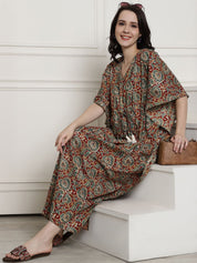Maroon & Green Floral Cotton Maternity Kaftan Nighty