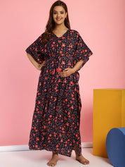 Cotton Floral Dark Blue Maternity Feeding Kaftan