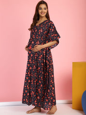 Cotton Floral Dark Blue Maternity Feeding Kaftan