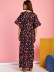 Cotton Floral Dark Blue Maternity Feeding Kaftan
