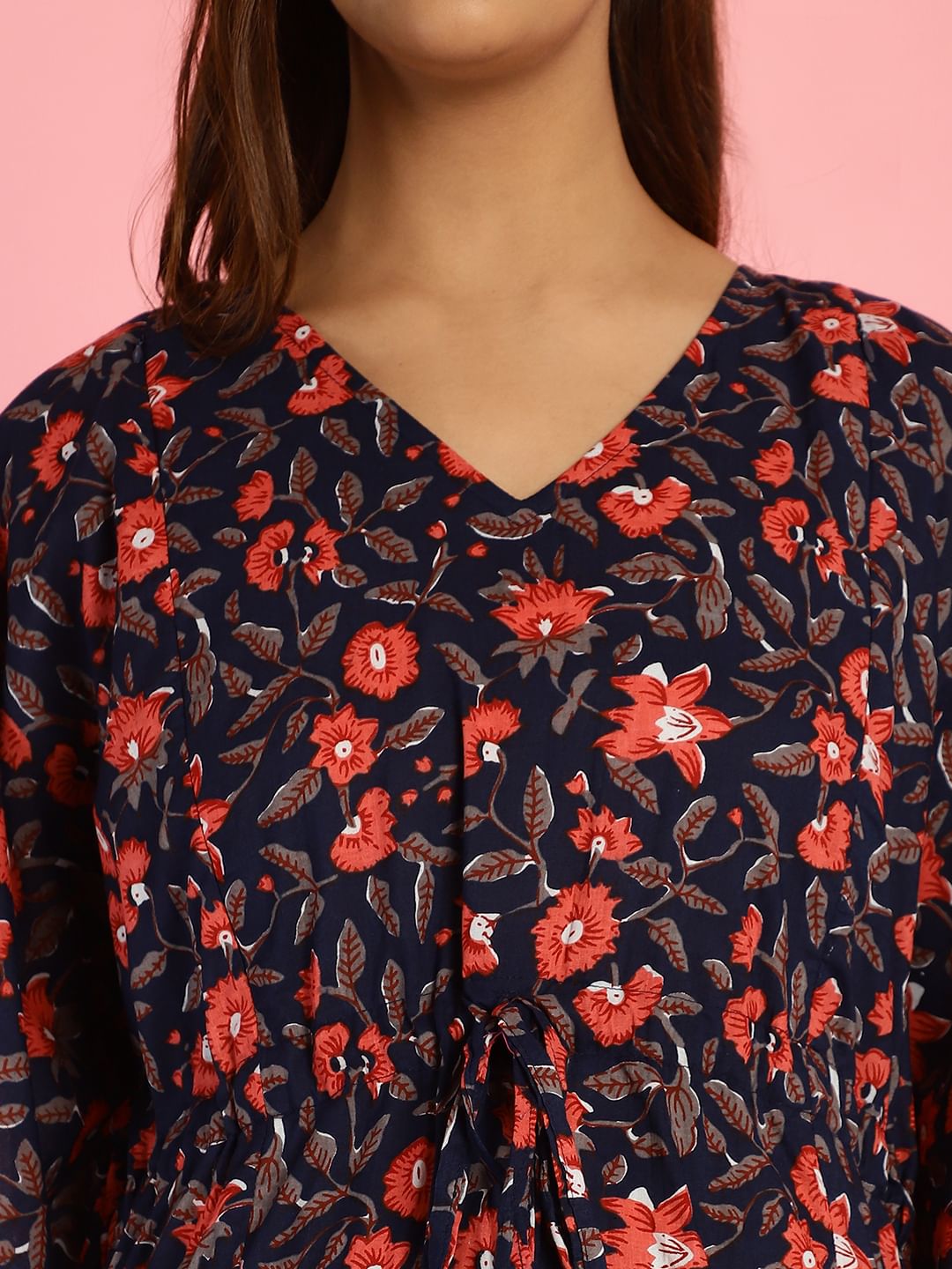 Cotton Floral Dark Blue Maternity Feeding Kaftan