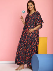 Cotton Floral Dark Blue Maternity Feeding Kaftan