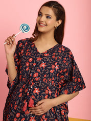Cotton Floral Dark Blue Maternity Feeding Kaftan