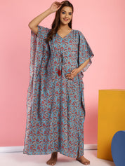 Cotton Floral Blue Maternity Feeding Kaftan