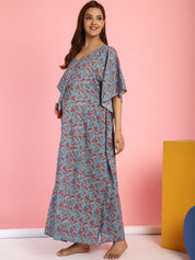 Cotton Floral Blue Maternity Feeding Kaftan