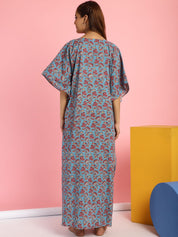 Cotton Floral Blue Maternity Feeding Kaftan