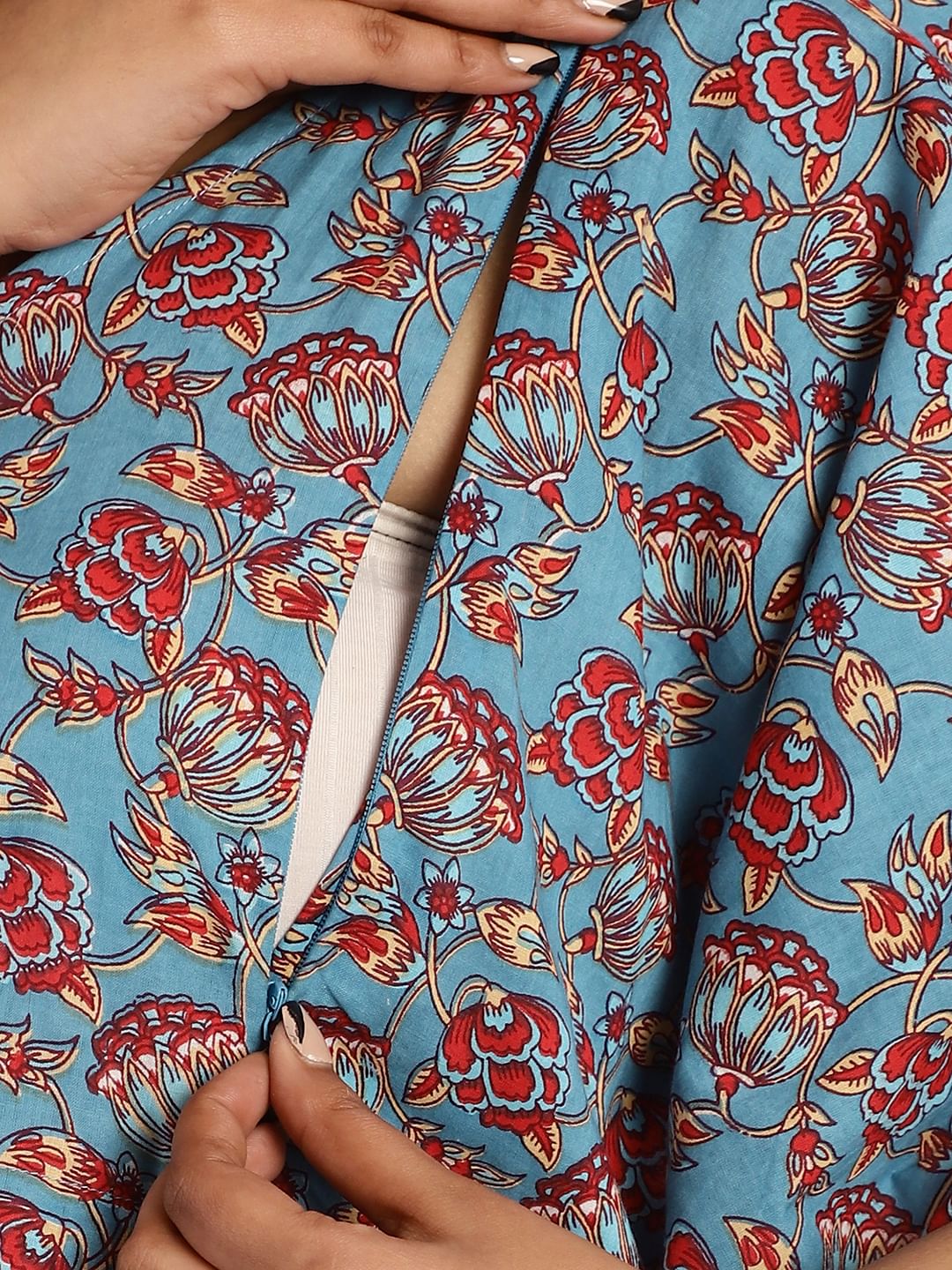 Cotton Floral Blue Maternity Feeding Kaftan