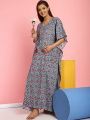 Cotton Floral Blue Maternity Feeding Kaftan