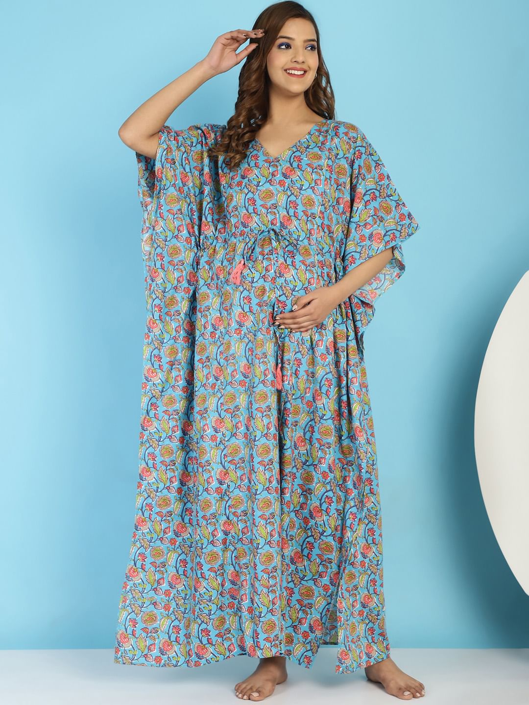Cotton Floral Blue Maternity Feeding Kaftan