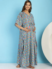 Cotton Floral Blue Maternity Feeding Kaftan