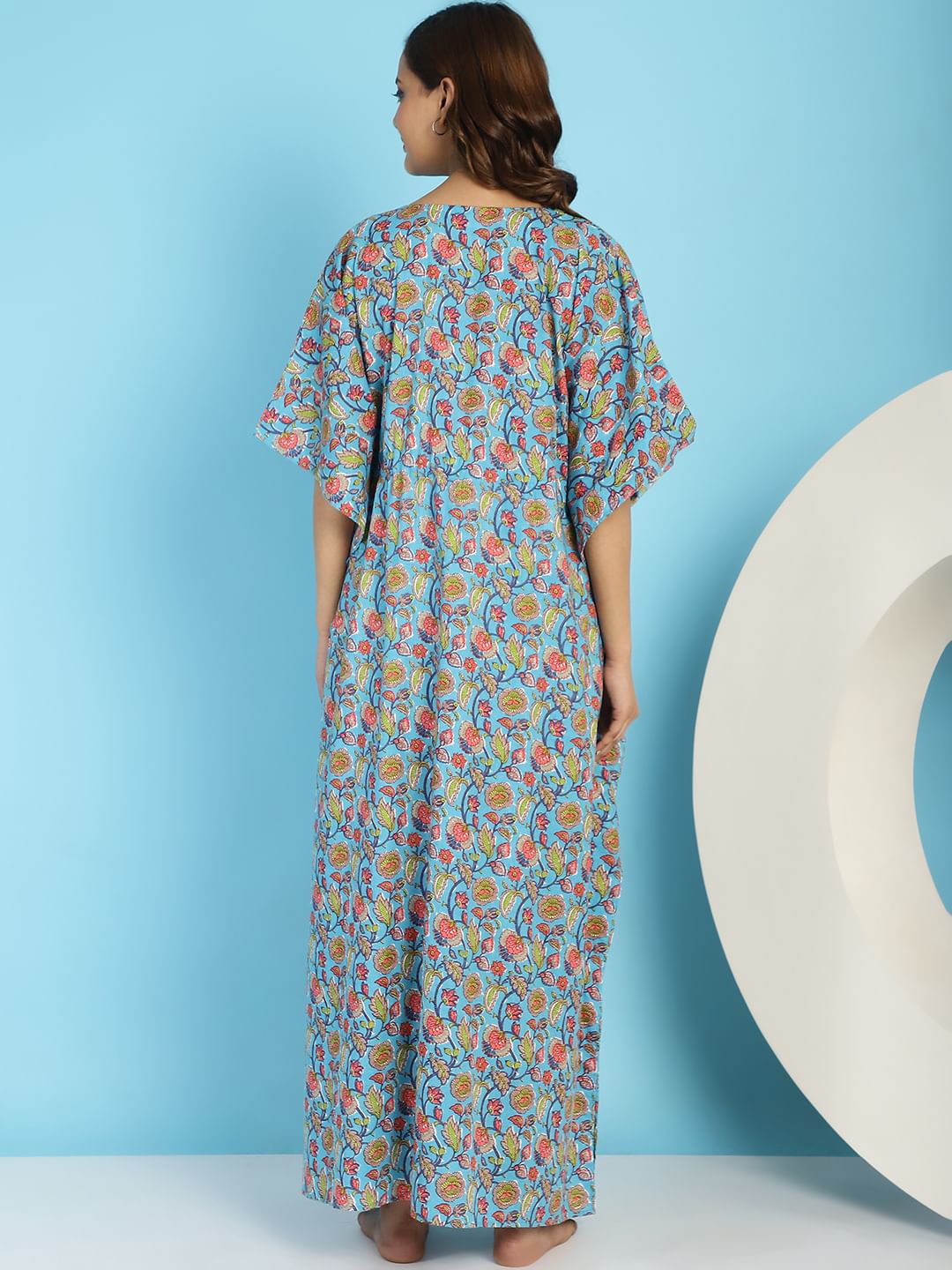 Cotton Floral Blue Maternity Feeding Kaftan