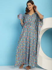 Cotton Floral Blue Maternity Feeding Kaftan