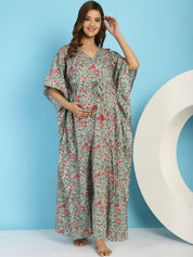 Cotton Floral Green Maternity Feeding Kaftan