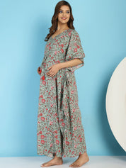 Cotton Floral Green Maternity Feeding Kaftan