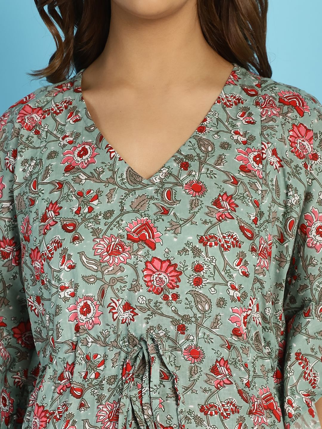 Cotton Floral Green Maternity Feeding Kaftan