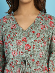 Cotton Floral Green Maternity Feeding Kaftan