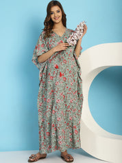 Cotton Floral Green Maternity Feeding Kaftan