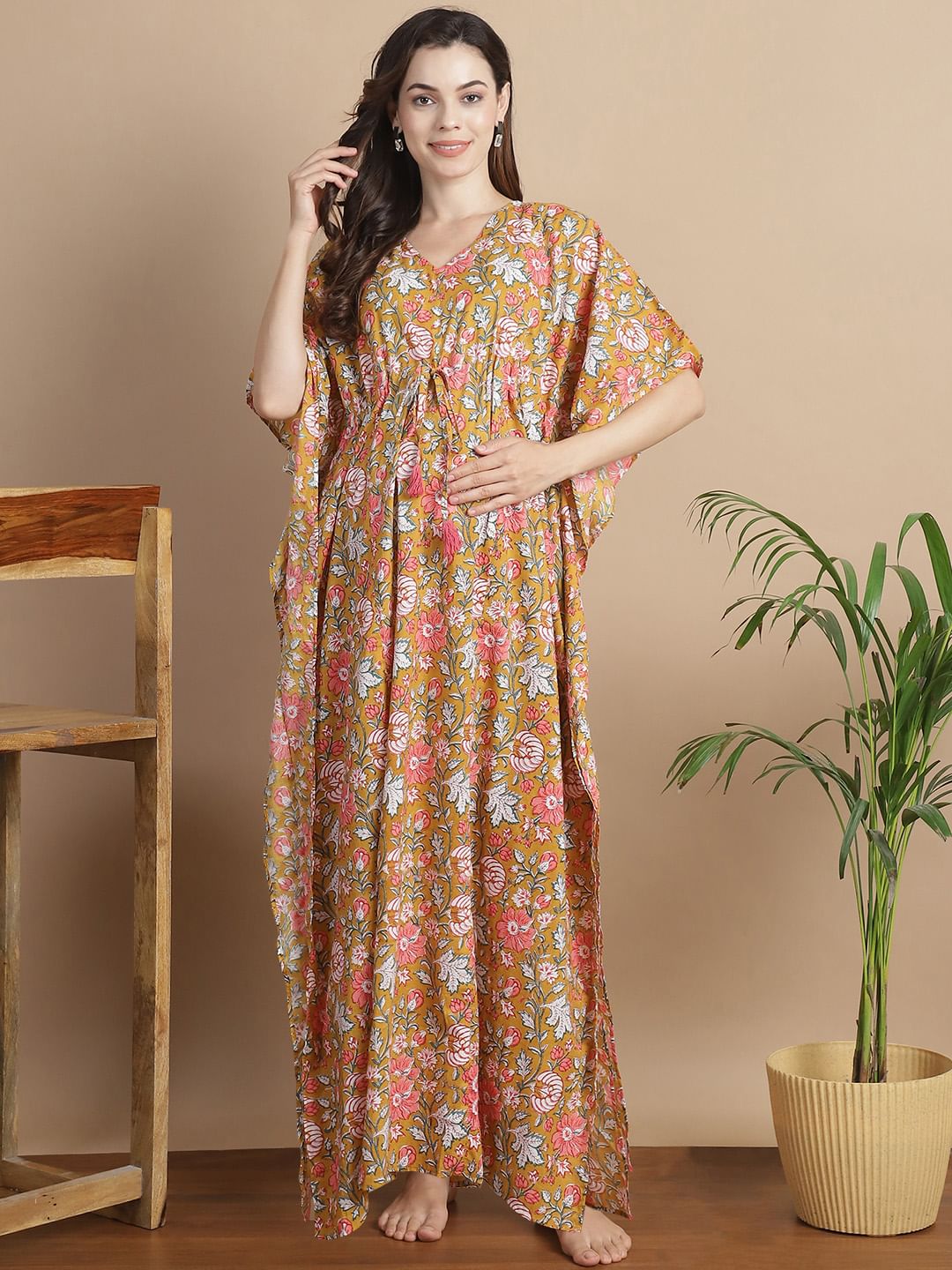 Mustard Floral Cotton Maternity Kaftan