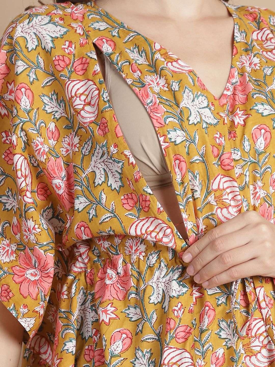 Mustard Floral Cotton Maternity Kaftan