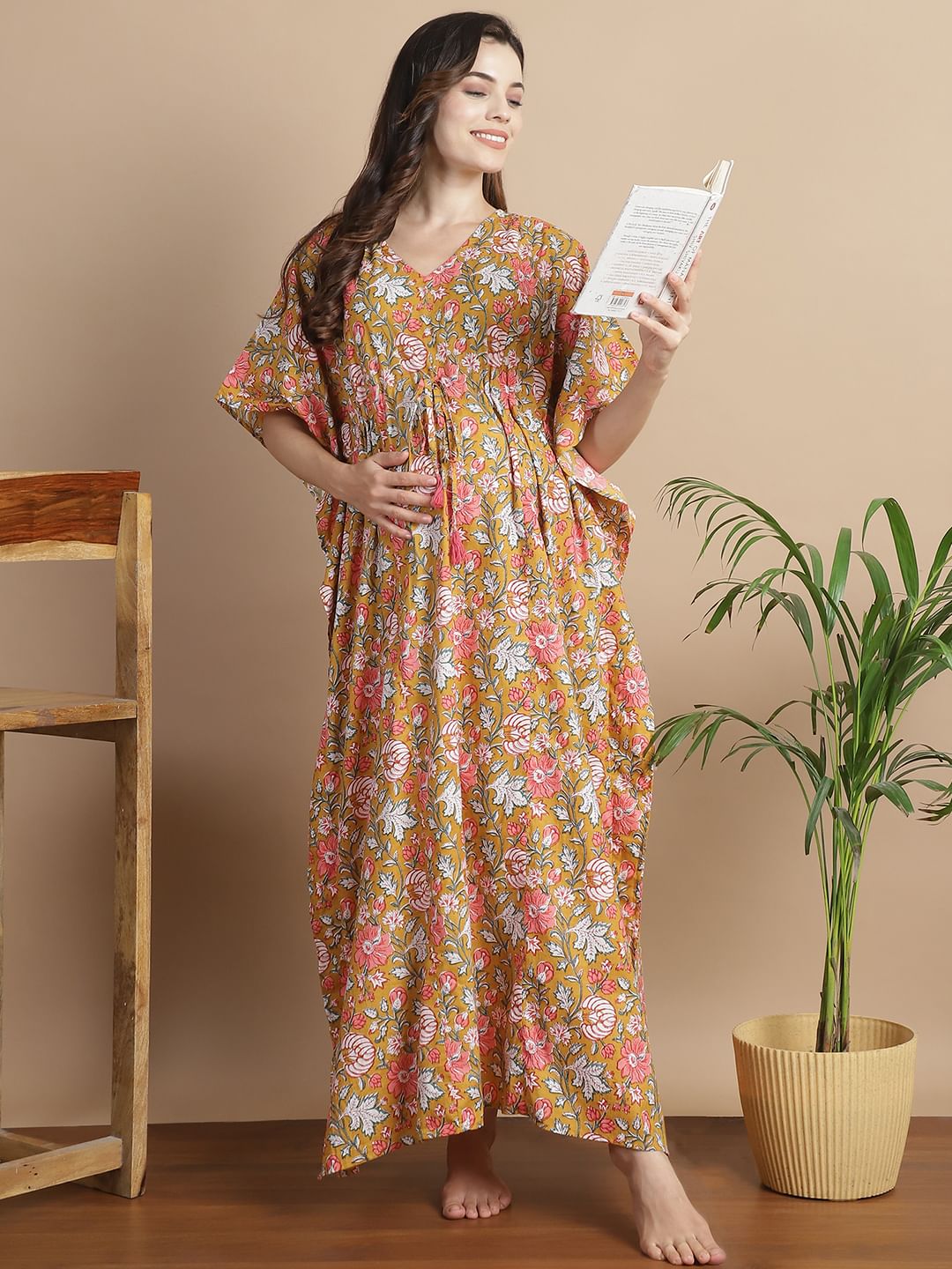Mustard Floral Cotton Maternity Kaftan