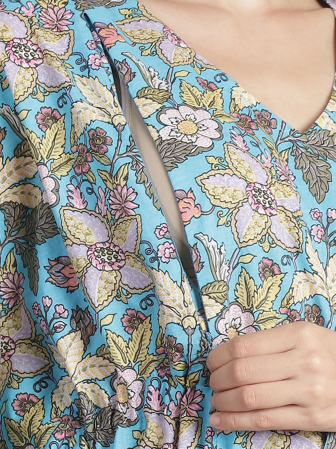 Sky Blue Floral Cotton Maternity Kaftan