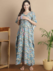 Sky Blue Floral Cotton Maternity Kaftan