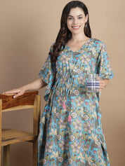 Sky Blue Floral Cotton Maternity Kaftan