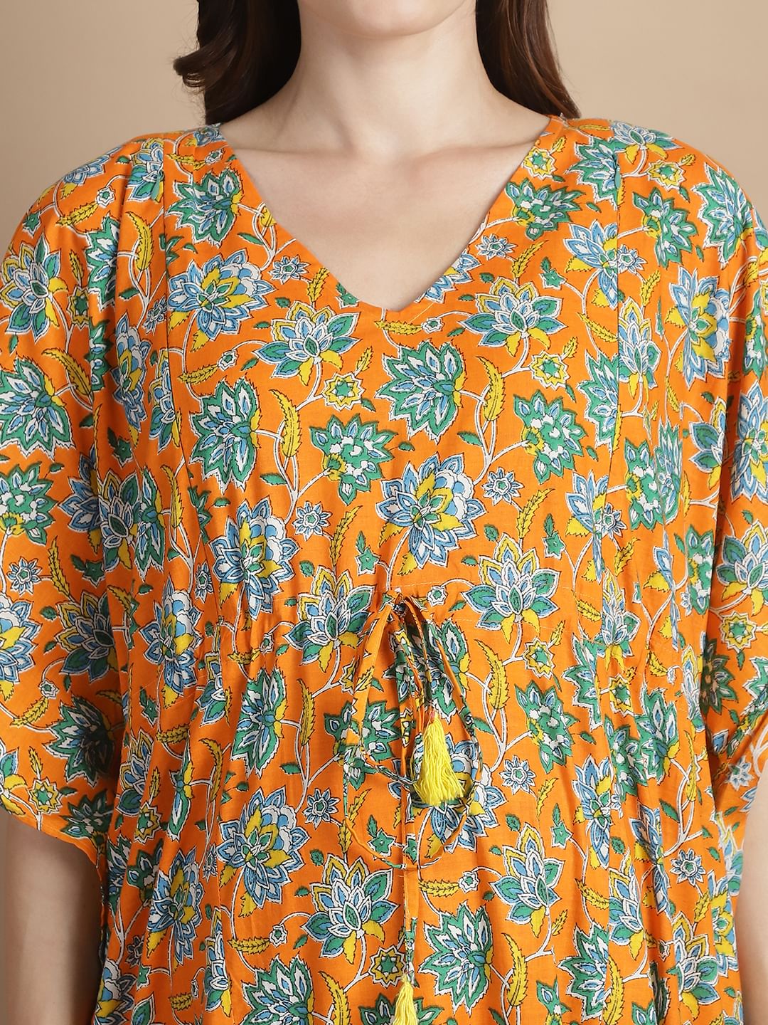 Orange Floral Cotton Maternity Kaftan