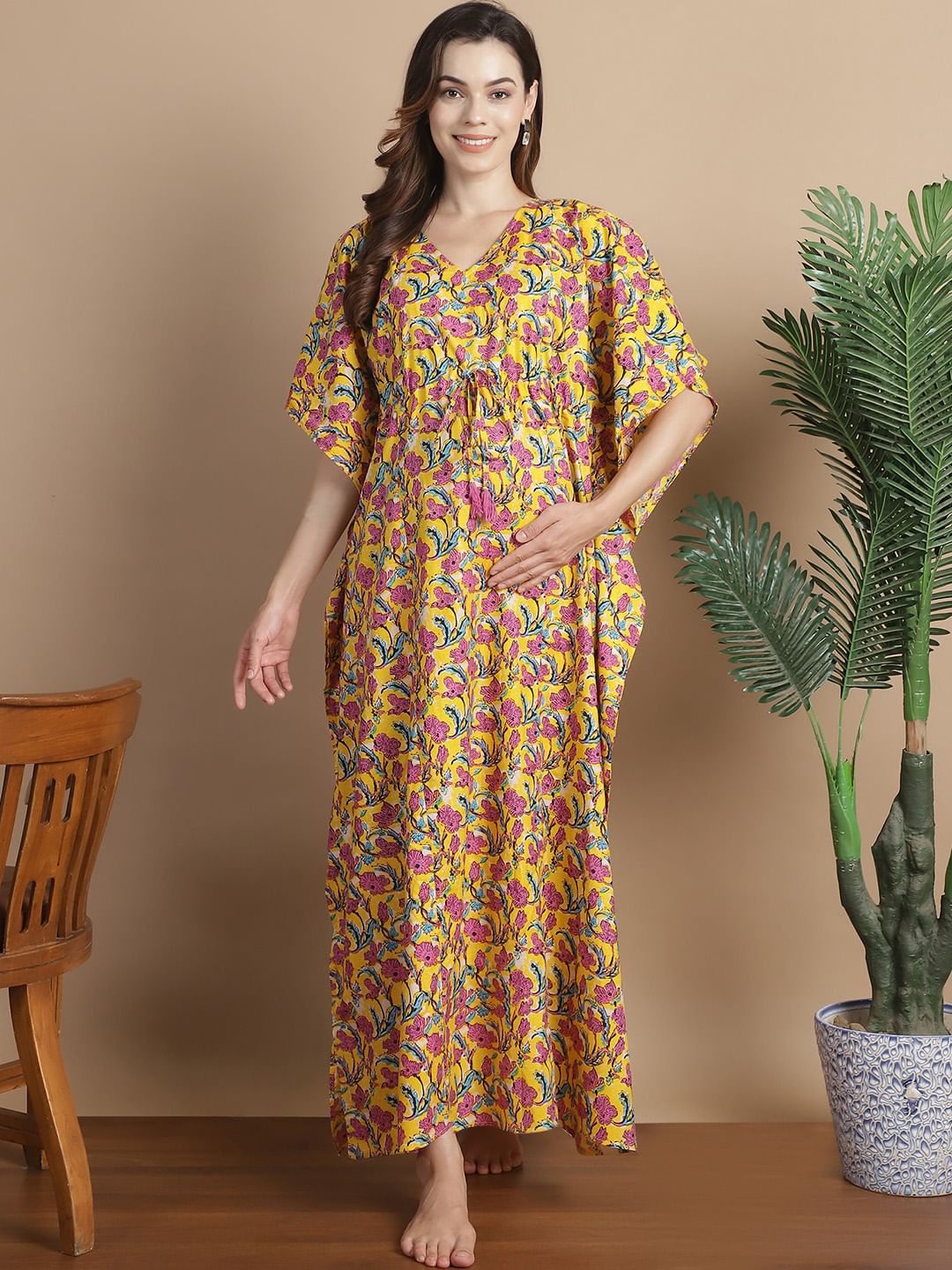 Yellow Floral Cotton Maternity Kaftan