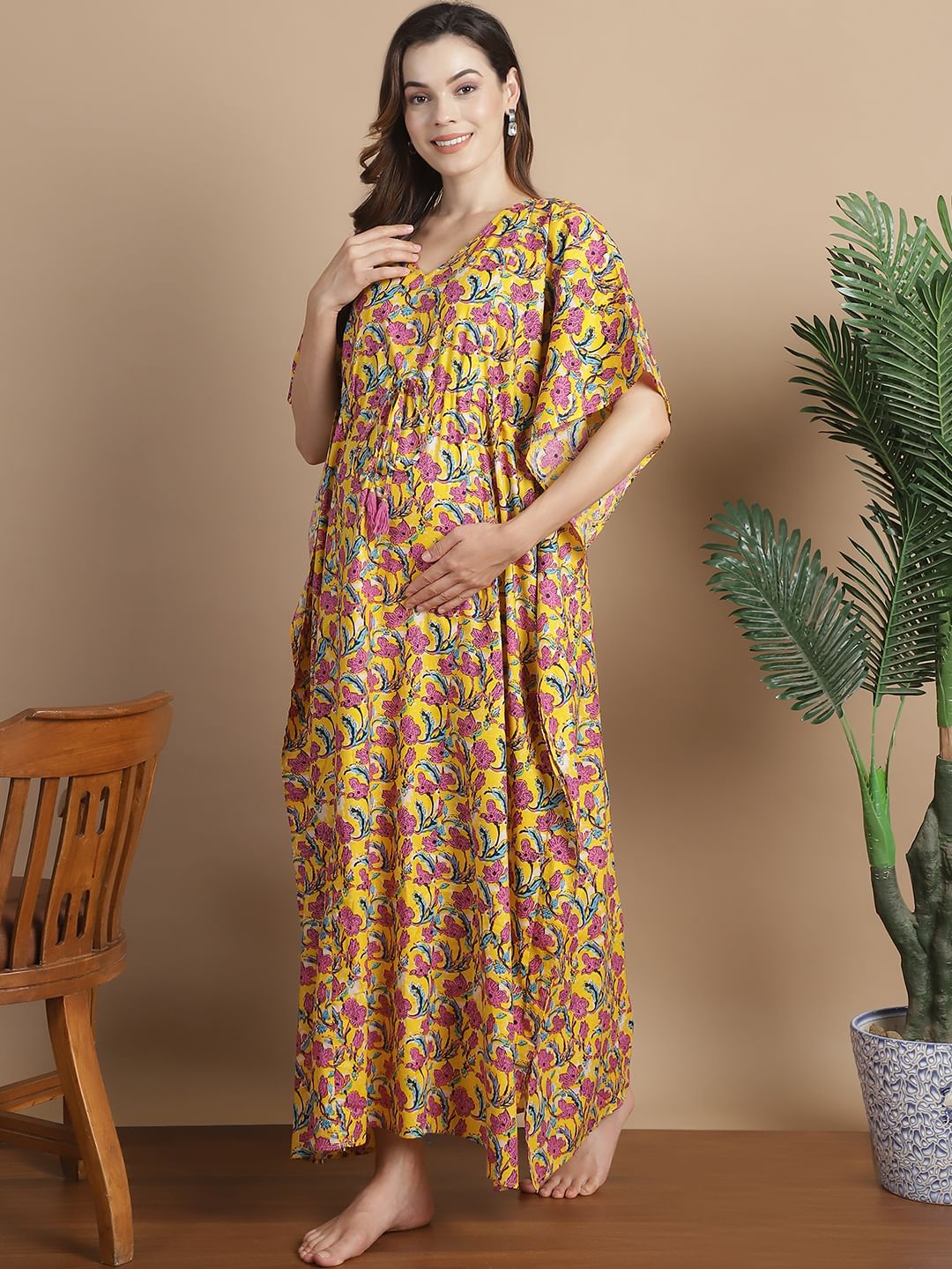 Yellow Floral Cotton Maternity Kaftan