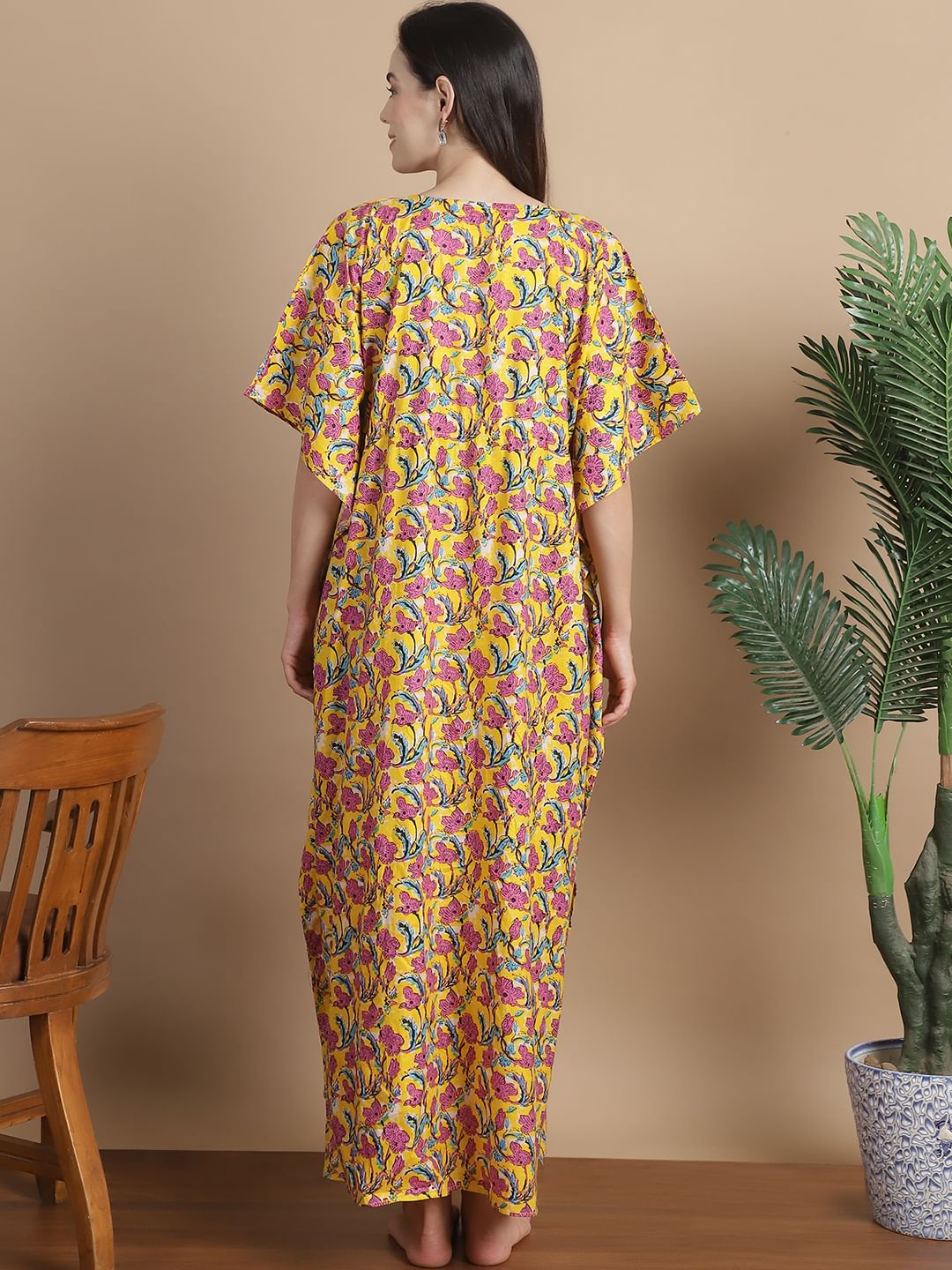 Yellow Floral Cotton Maternity Kaftan