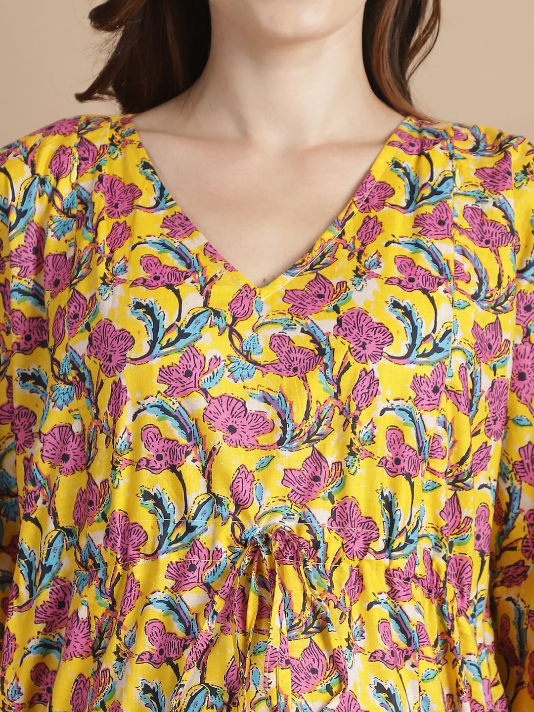 Yellow Floral Cotton Maternity Kaftan