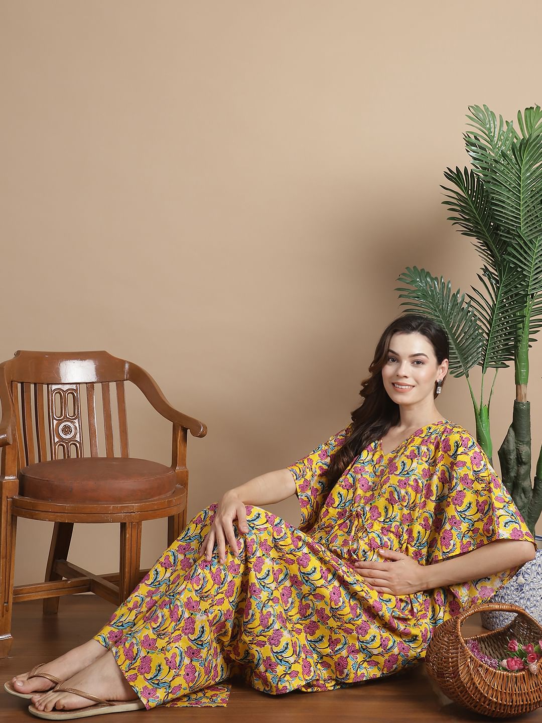 Yellow Floral Cotton Maternity Kaftan
