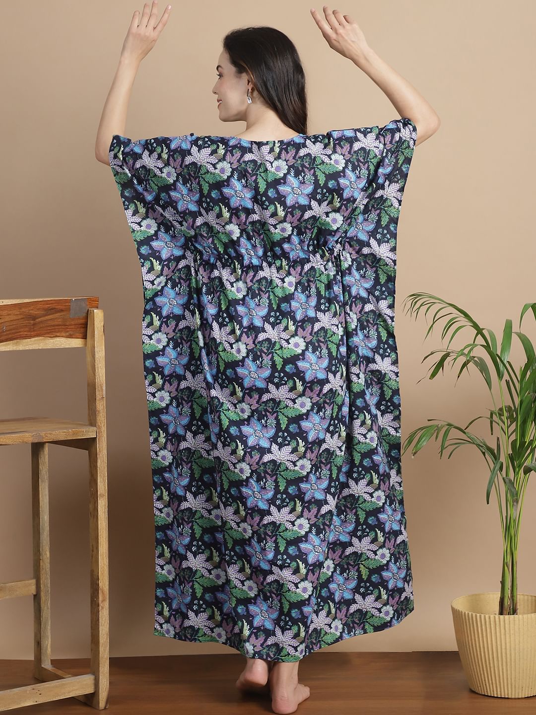 Navy Blue Floral Cotton Maternity Kaftan