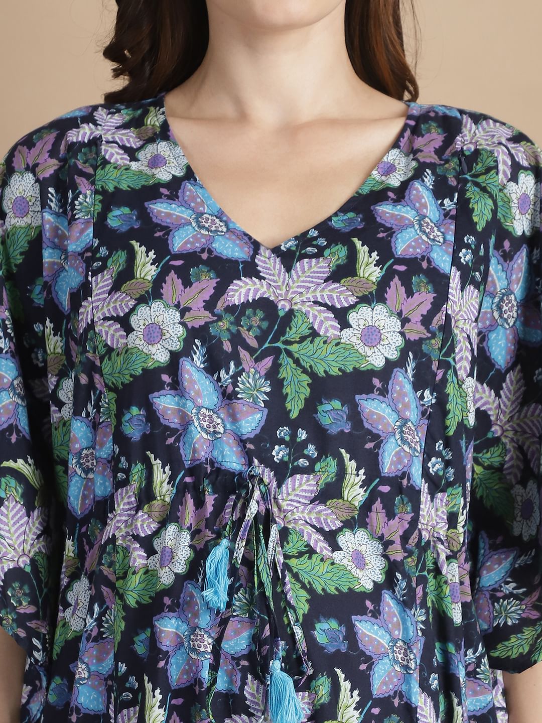 Navy Blue Floral Cotton Maternity Kaftan