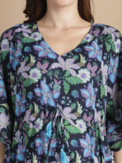 Navy Blue Floral Cotton Maternity Kaftan
