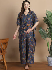 Navy Blue Ethnic Cotton Maternity Kaftan