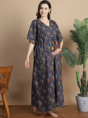 Navy Blue Ethnic Cotton Maternity Kaftan