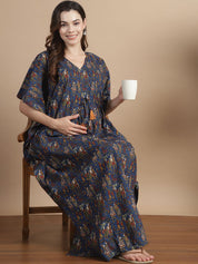 Navy Blue Ethnic Cotton Maternity Kaftan